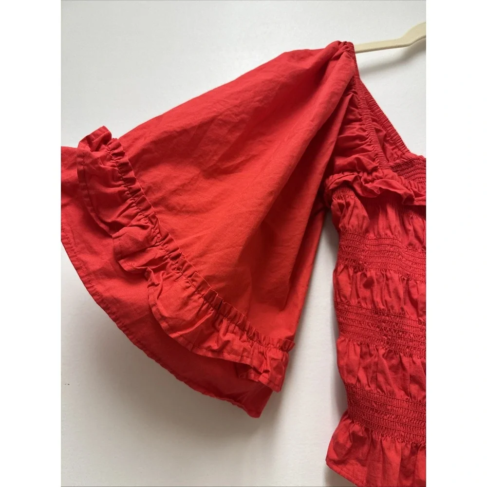 Free People‎ Red Smocked Ruffle Bell Sleeve Crop Top Square Neck XS - Picture 5 of 7